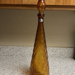 Amber SWIRL Pattern Glass Genie Bottle Decanter / Mid-century Italian Empoli / Large Amber Bottle