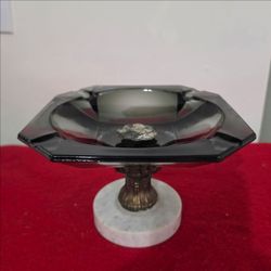 1950s Hollywood Regency Pedestal Centerpiece Bowl, Smoky Glass Ashtray With Marble Base