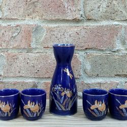 Vintage Cobalt Blue 5-Piece Sake Set 