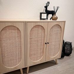 Set Of 2 Sideboard Buffet Cabinet, Kitchen Storage Cabinet with Rattan Doors and Adjustable Shelves