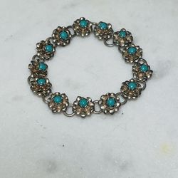 Blue turquoise & sterling silver bracelet -  Boho design hand crafted vintage jewelry - 5”, 