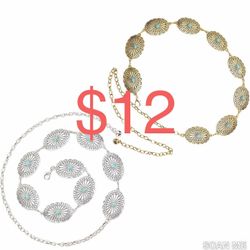 2PCS Western Chain Belt, Gold and Silver Western Metal Belts for Women