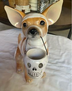 Halloween Mummy Chihuahua Dog Resin Statue / Figurine holding Skull Candy Bucket Bucket