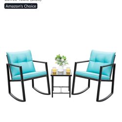 Devoko 3 Piece Rocking Bistro Set Wicker Patio Outdoor Furniture ,with Glass Coffee Table (Blue), Chair Covers , Table Top Fire Pit