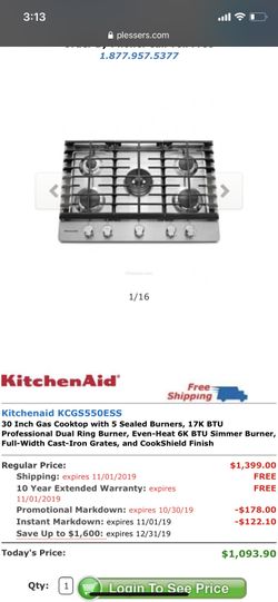 Kitchen aid 5 burner gas cooktop
