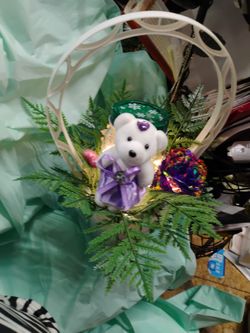 Purple bear arrangement and white basket