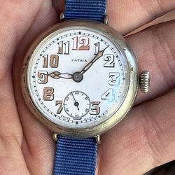 WW1 Patria Omega Trench Military Watch In Great Original Condition Sterling Silver Porcelain Dial Beautiful And Working!