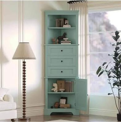 Newly assembled 69" H Tall Corner Cabinet with Adjustable Shelves and Drawers