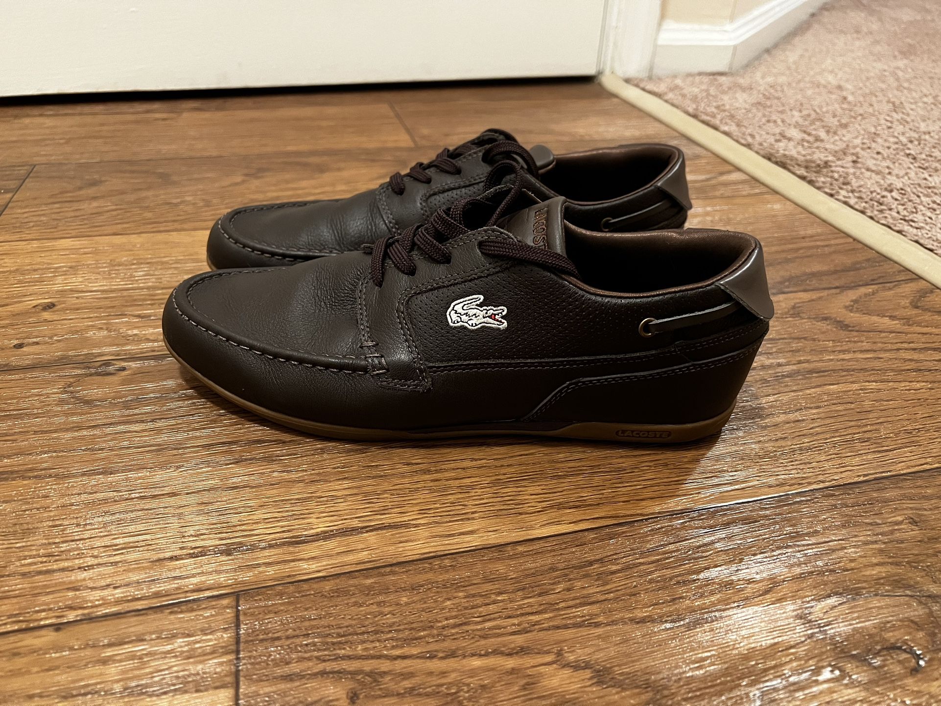 LACOSTE Dreyfus SPM Brown Leather Loafers Logo Boat Shoes.