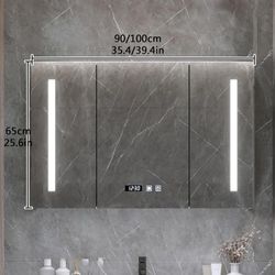 36"x26" Smart Medicine Cabinet w/ LED Light Mirror, Time Temperature Display w/ Storage Solid Wood 
