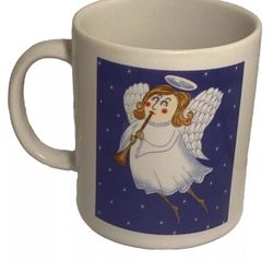 Vintage Angel white Mug whimsical art flying girl blue Sky stars 80s 90s Holiday
