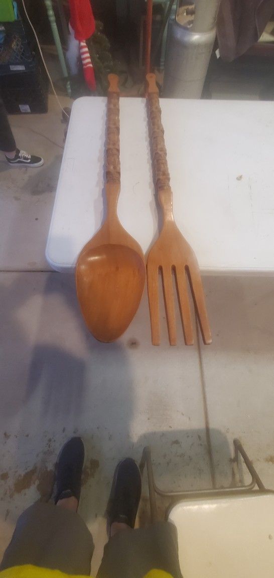 Large Vintage Wooden Spoon And Fork