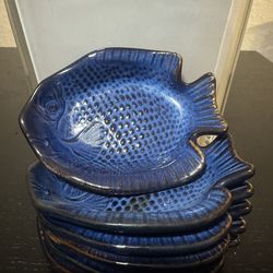 Vintage Japanese Blue Ceramic Fish Plates - Set of 6 (Cost Plus Imports)