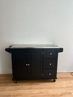 Black Rolling Kitchen Island with Stainless Steel Top