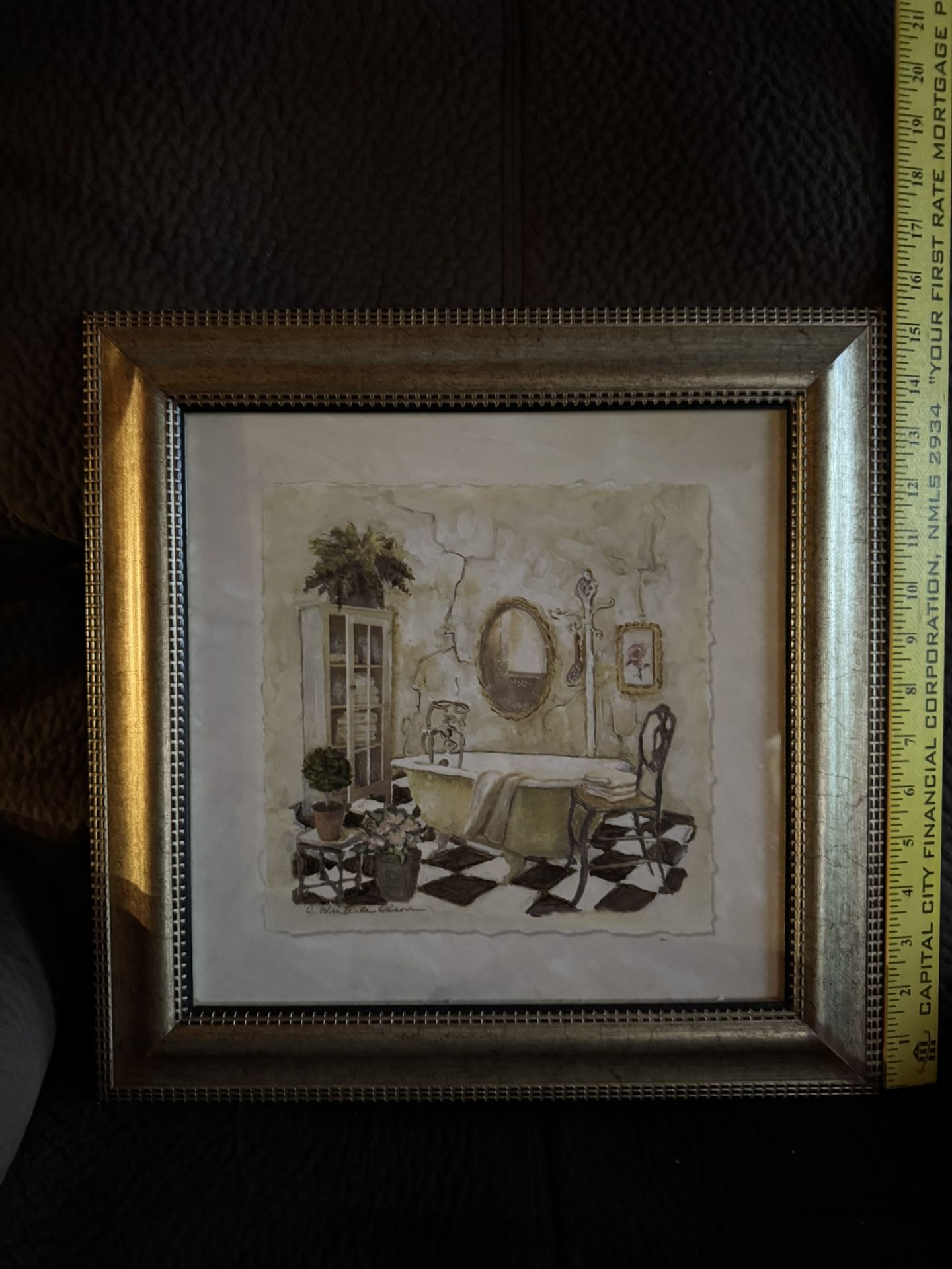 Elegant framed art print featuring a vintage bathroom scene.