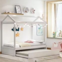 Twin Size House Bed with Trundle for Kids, Wooden Montessori Bed Frame with Roof  and Slat Support,