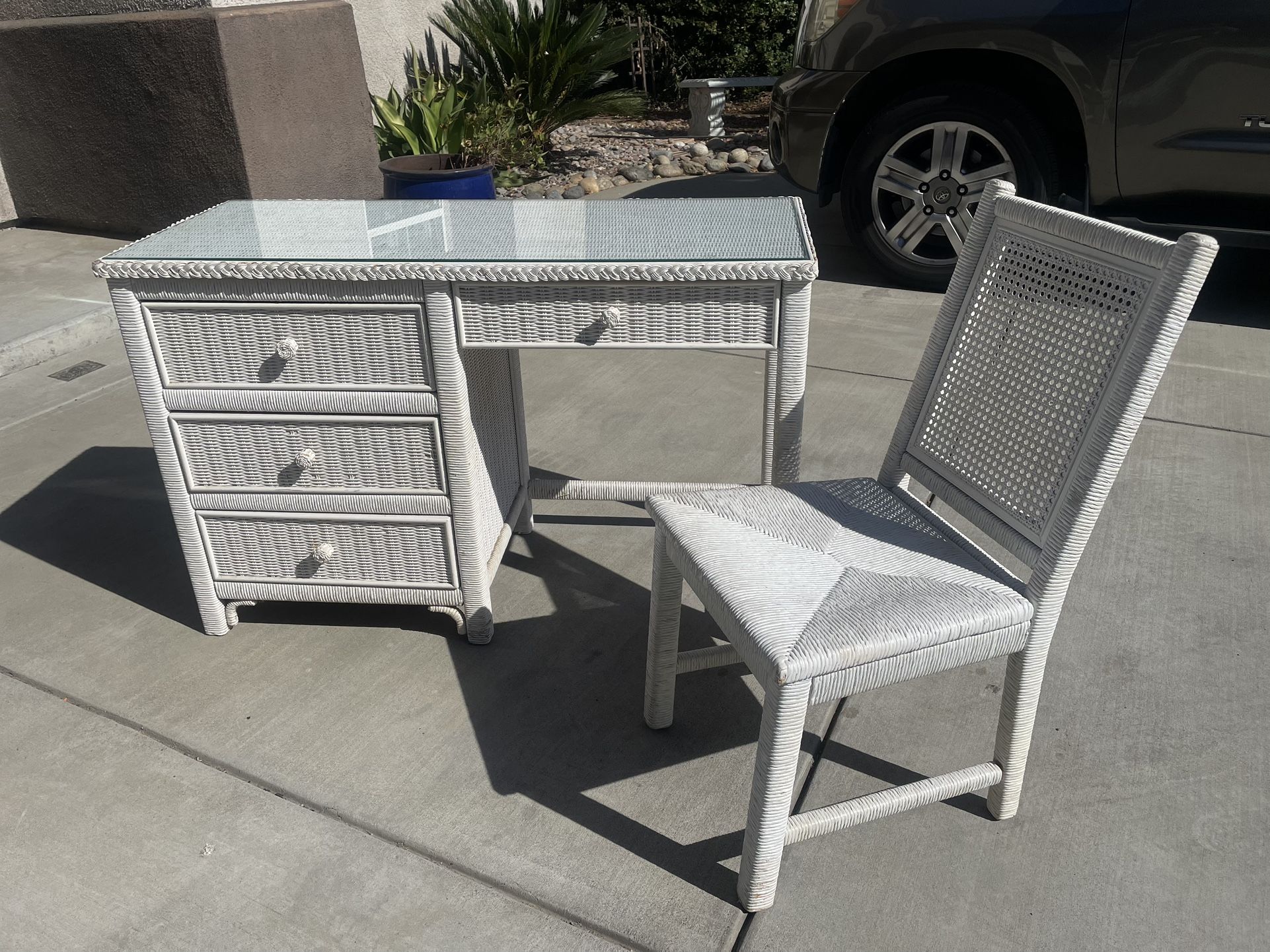 Boho Chic Wicker Rattan Glass Top Writing Desk by Henry Link $795