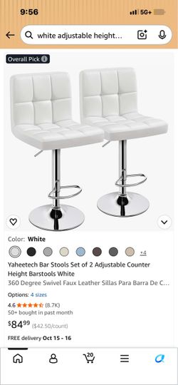 Yaheetech White Adjustable Bar Stools Set of 2