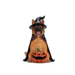 Halloween German Shepherd Dog Statue, Large Sitting Dog Figurine with Witch Hat & Cape, LED Light Up Jack-O-Lantern Pumpkin