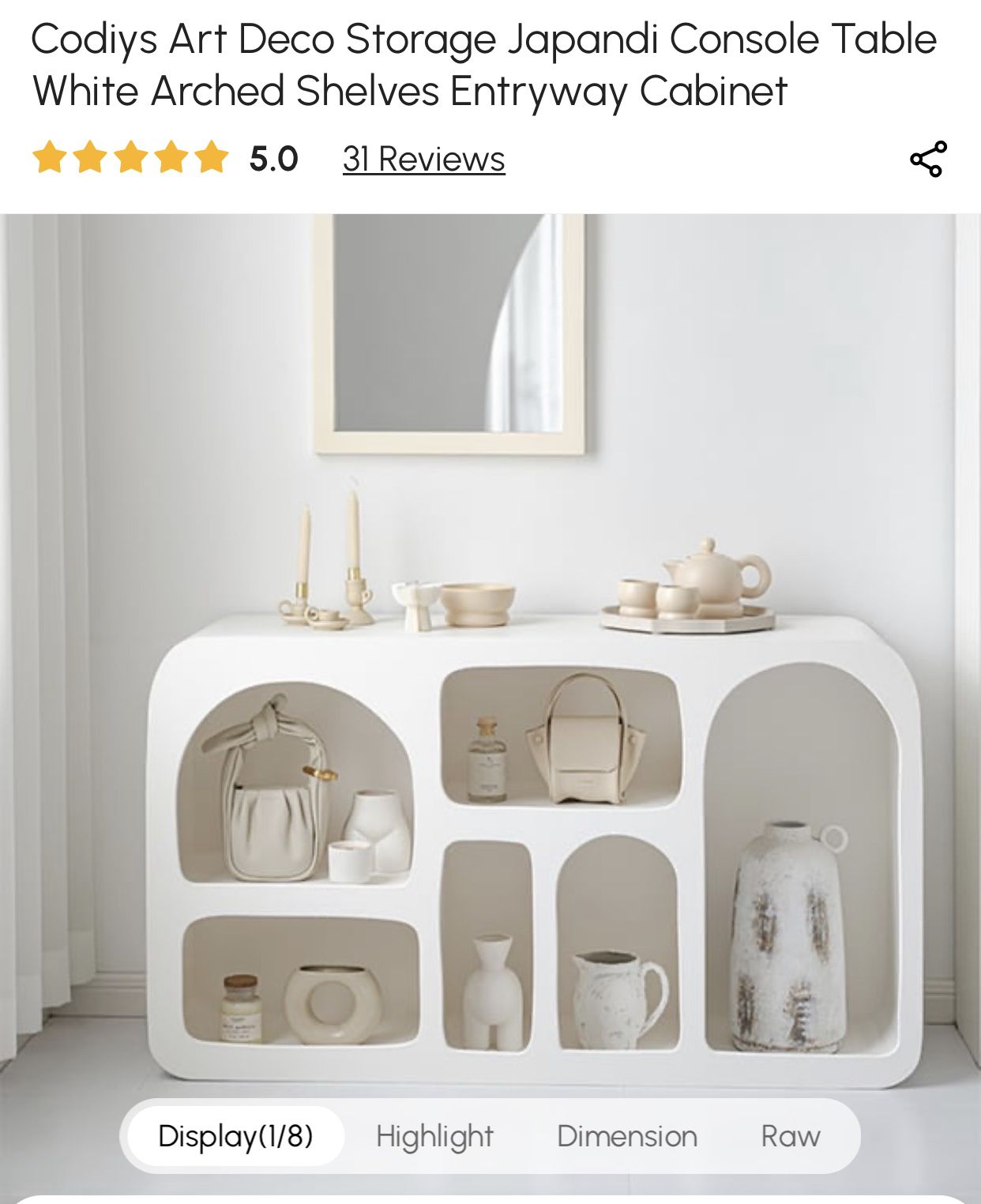  Codiys Art Deco Storage Japandi Console Table White Arched Shelves Entryway Cabinet