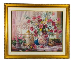 Cosmos and Queen Anne's Lace by artist Barbara Mock, set in an ornate carved gold frame