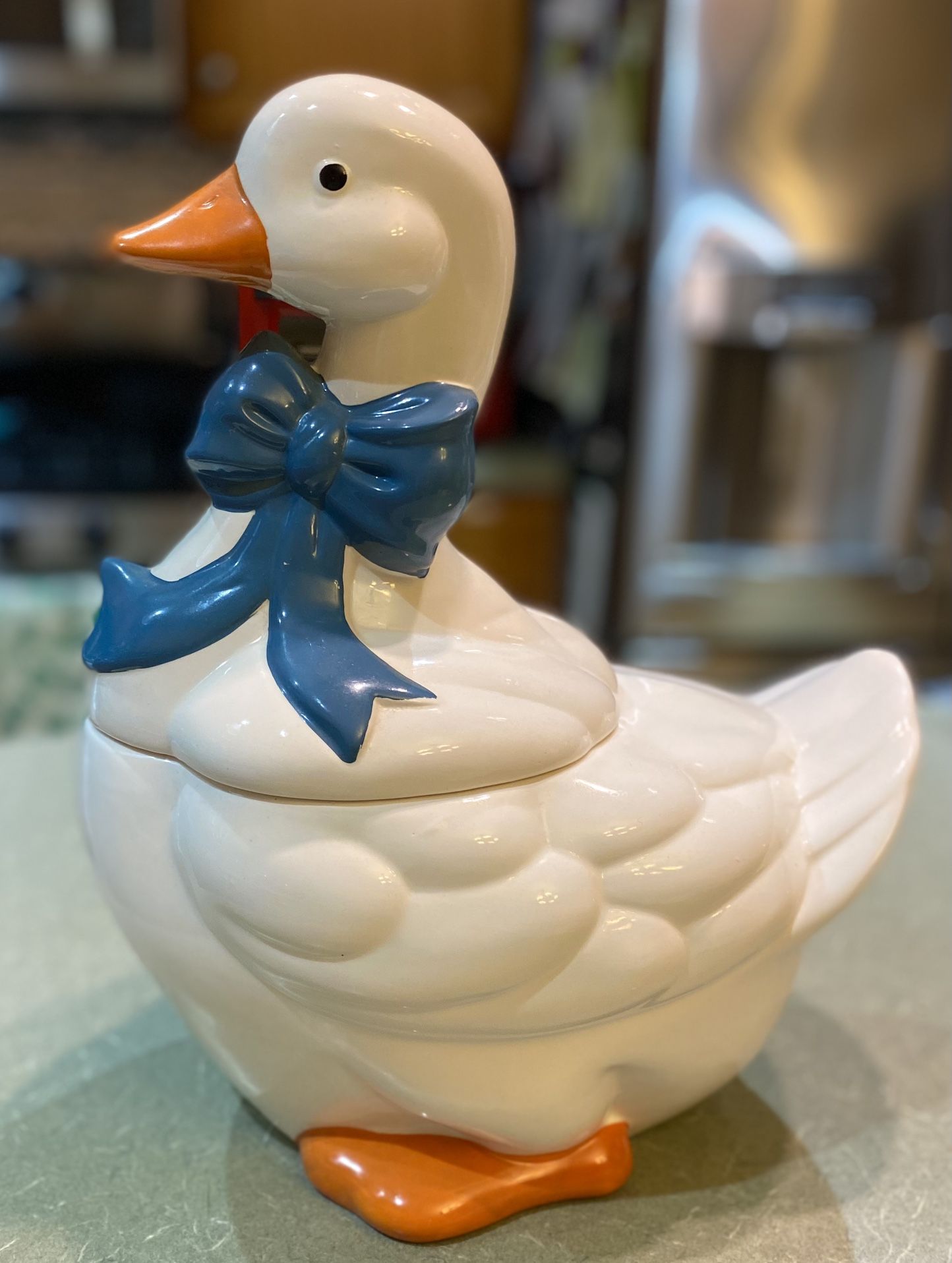Vintage 1980’s Mother Goose Duck Ceramic Cookie Jar - White w/ Blue Ribbon