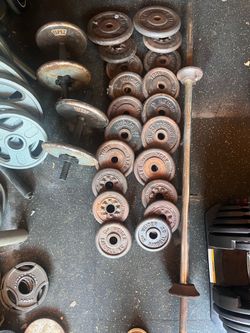 Barbell with weights and dumbbells