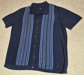 Men's Navy Striped Button-Up Knit Shirt