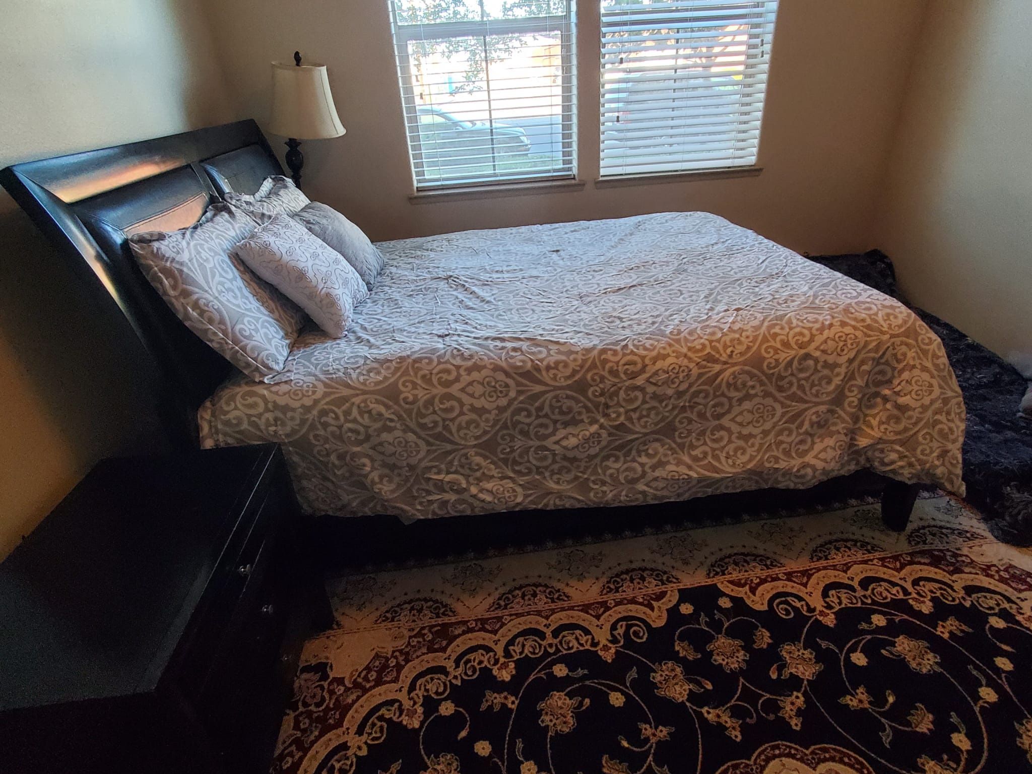 Queen Size Bed + Mirror And Shelf + Bed Side Lamp Table