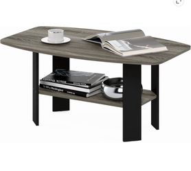 Simple Design Coffee Table, French Oak Grey/Black Small Side Table wih Open Shelf, Tabletop