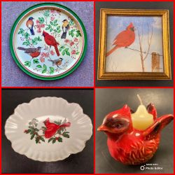VTG 4 Piece Cardinal Bird Lot (Serving Tin, Painting, Lefton Candy Dish, Candle) Will NOT Divide!