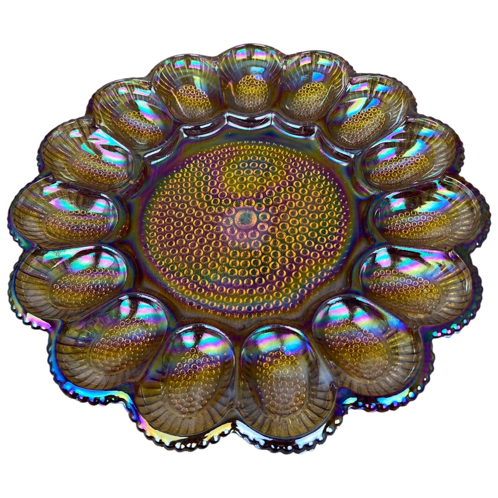Indiana Carnival Glass Deviled Egg Platter Plate Amber Hobnail Iridescent 11"