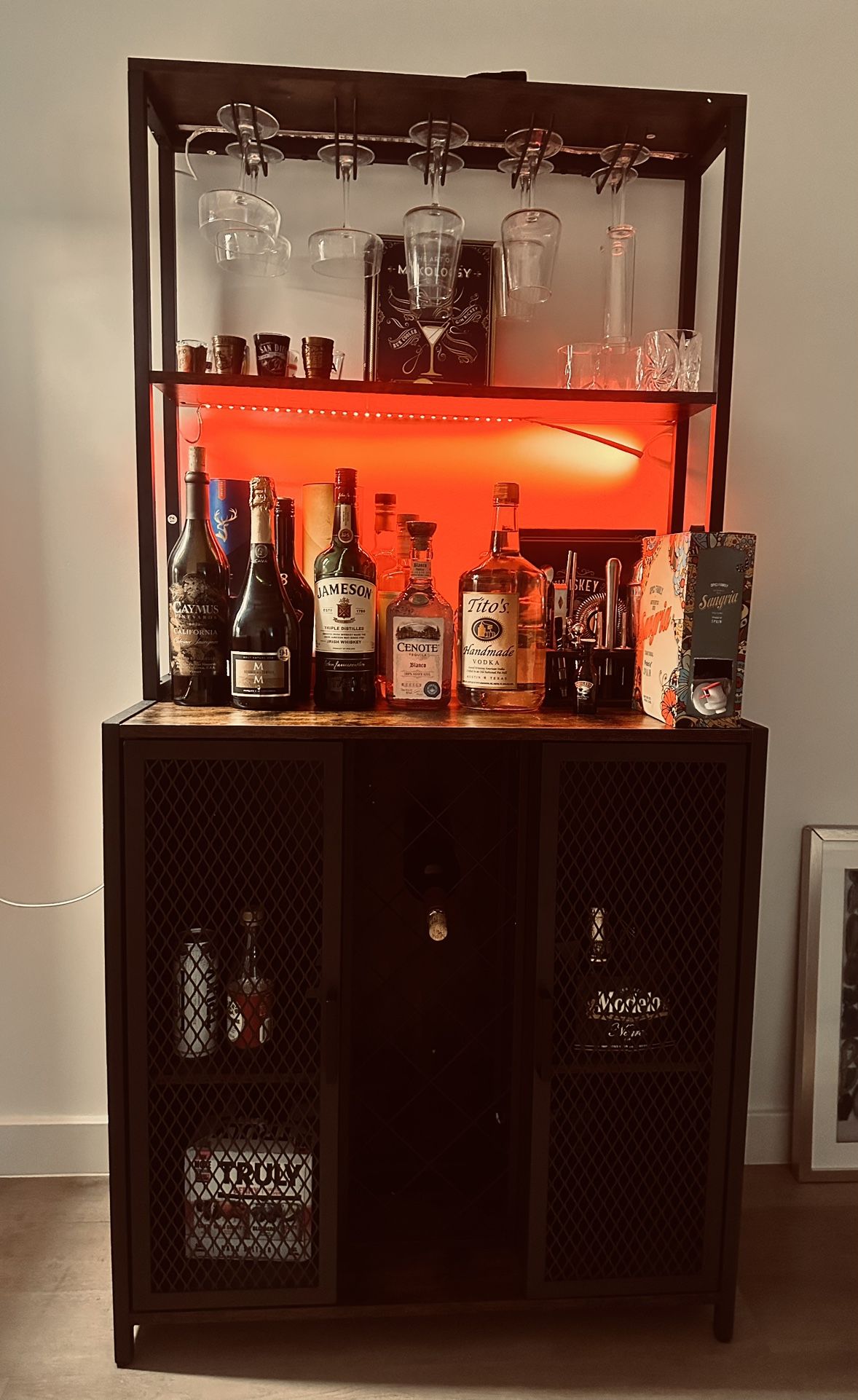 Beautiful Wooden Bar with Storage, LED light & Wine Rack