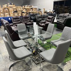 Modern Glass Dining Table with 6 Chairs / Mesa de comedor moderna de vidrio con 6 sillas