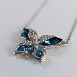 Sivery Butterfly Pendant Necklace With Swarovski Crystals