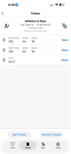 Rays tickets for 9/15