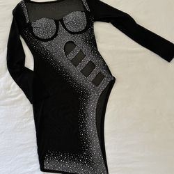 Sexy Sheer Rhinestones Long Sleeve Clubwear Party Evening Cocktail Dress XXL