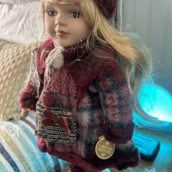 Collectors Choice Porcelain Doll 16” Red Wool Coat Hat Blonde Blue Eyes