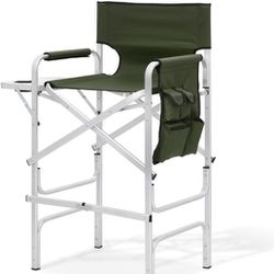 31-Inch Height Folding Camping Tall Directors Chair with Side Table Foldable Portable Makeup Artist Chair, Dark Green
