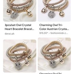Charming Owl Tri-Color Austrian Crystal Stretch Bracelet Set $5