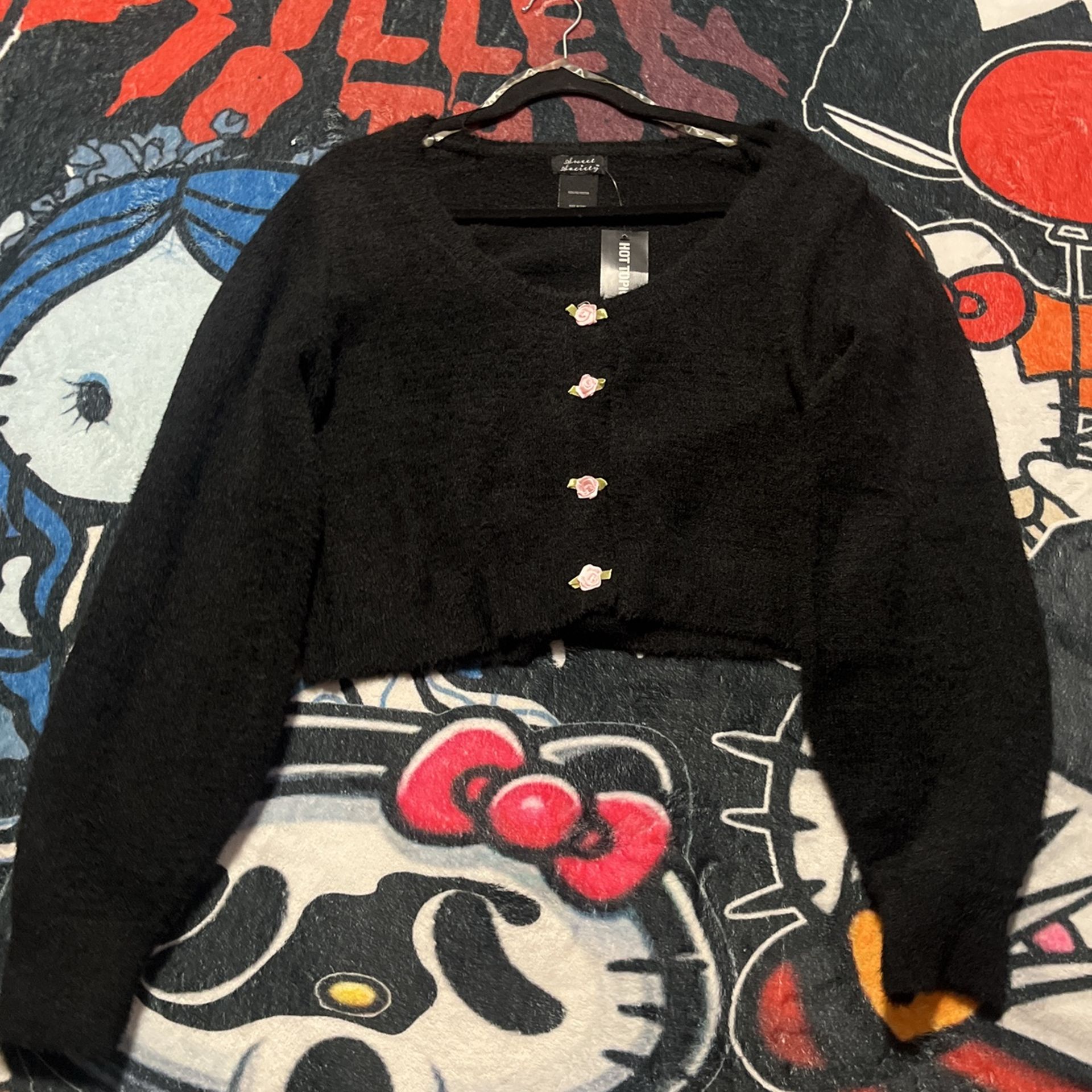 Sweet Society Black Fuzzy Rosette Buttons Crop Girls Cardigan Size XL