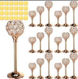 Hushee 42 Pcs Crystal Candle Holders With LED Tea Lights Candles Bulk Decorative 3 Sizes Candlestick Holders For Table Centerpieces, Home Decor, Weddi