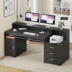 Farmhouse Computer Desk with Drawers, 65'' Home Office Desk with Power Outlets, Storage Cabinet and Printer Stand, Study Writing Desks with Long Monit