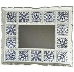 Wood Framed Blue White Tile Wall Mirror 28x23 Rustic Decor