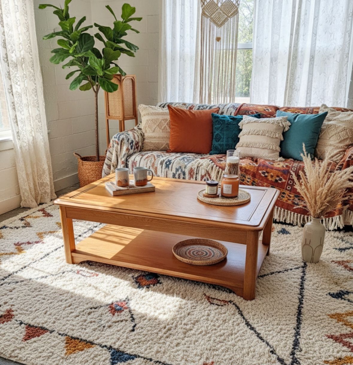 Solid Wood Coffee Table on Wheels – Parquet Top + Storage Shelf