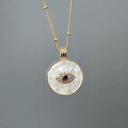 Trendy Round Pink Sea Shell Crystal Zircon Evil Eye Necklace Women PVD 18k Gold Plated Pendant Neck Jewelry