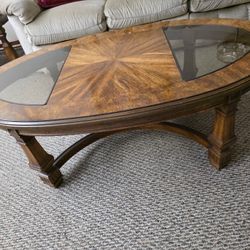 Elegant Sunburst Coffee Table & End Table – Wood & Smoked Glass