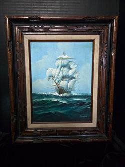 Jackson Signed Framed Realism Canvas Painting Nautical Seascape Sailing Ship 23.5"×19"