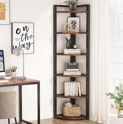 6 Tier Corner Shelf, 70.9 Inch Tall Corner Bookshelf Small Bookcase Rustic Corner Shelving Unit Storage Rack