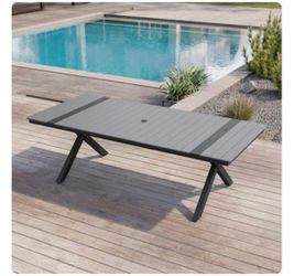 8 chairs +94.3 in. Aluminum grey Rectangular Outdoor Patio Dining Table with Umbrella Hole